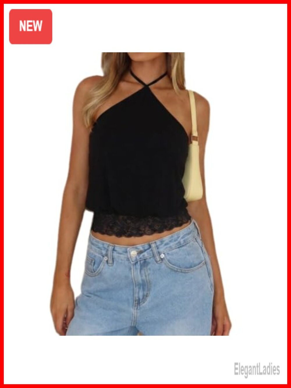 Halter Crop Top Lace Trim Cinched Waist Sleeveless Tie Neck Summer Tank